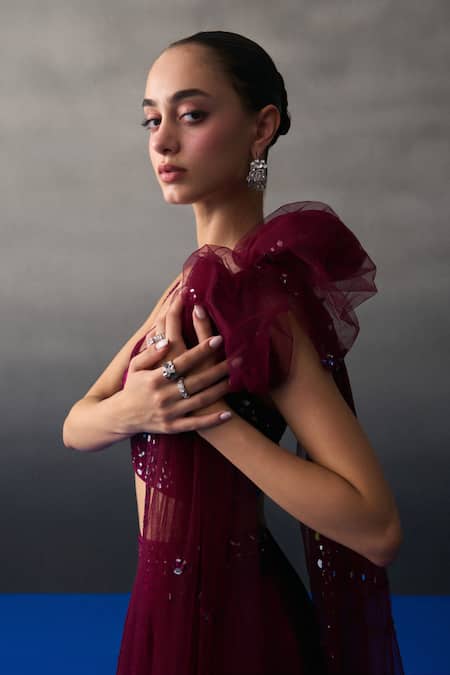 Angad Singh Cream Satin, Silk Sequins, Beads Round Neck Crimson Lehenga Set at Aza Fashions Angad Singh_Cream Satin, Silk Sequins, Beads Round Neck Crimson Lehenga Set _at_Aza_Fashions