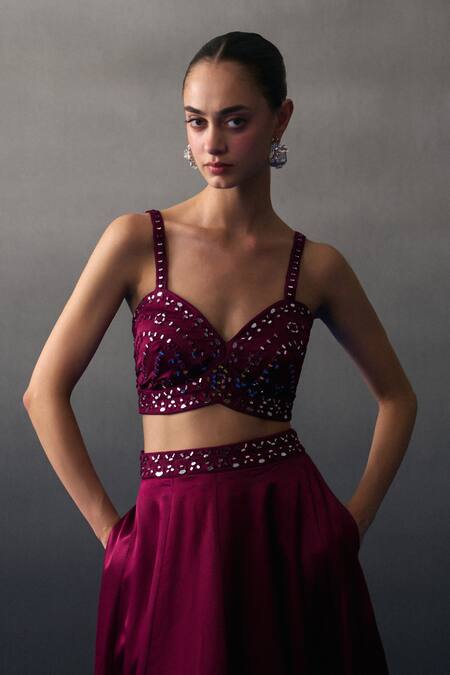 Buy Angad Singh Cream Satin, Silk Sequins, Beads Round Neck Crimson Lehenga Set Buy_Angad Singh_Cream Satin, Silk Sequins, Beads Round Neck Crimson Lehenga Set