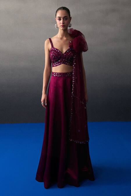 Shop Angad Singh Cream Satin, Silk Sequins, Beads Round Neck Crimson Lehenga Set Shop_Angad Singh_Cream Satin, Silk Sequins, Beads Round Neck Crimson Lehenga Set