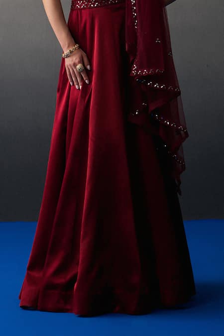 Angad Singh_Maroon Satin, Silk Beads, Sequins V-neck Skirt Set _Online_at_Aza_Fashions