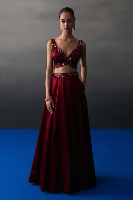 Buy_Angad Singh_Maroon Satin, Silk Beads, Sequins V-neck Skirt Set _Online_at_Aza_Fashions
