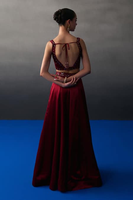 Angad Singh Maroon Satin Silk Skirt Set 