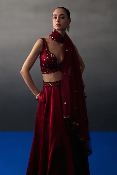 Shop_Angad Singh_Maroon Satin, Silk Beads, Sequins V-neck Skirt Set _Online_at_Aza_Fashions