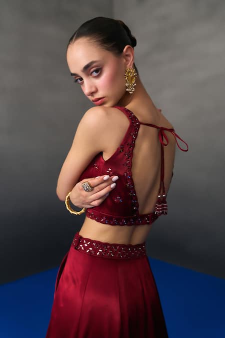 Angad Singh_Maroon Satin, Silk Beads, Sequins V-neck Skirt Set _at_Aza_Fashions