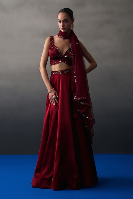 Angad Singh Maroon Satin Silk Skirt Set 