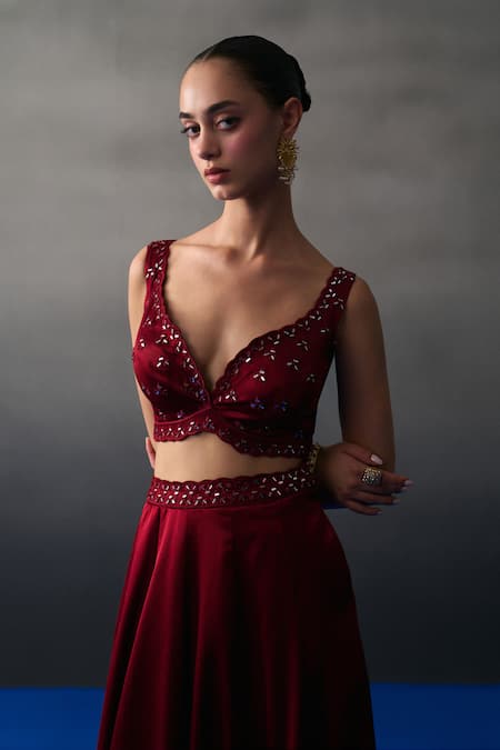 Buy_Angad Singh_Maroon Satin, Silk Beads, Sequins V-neck Skirt Set 