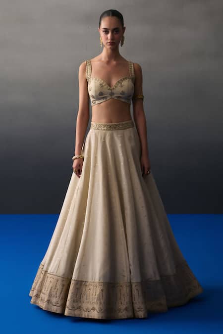 Angad Singh_Gold Silk Sequins, Embroidery Sweetheart Neck Banarasi Festive Lehenga Set _Online_at_Aza_Fashions