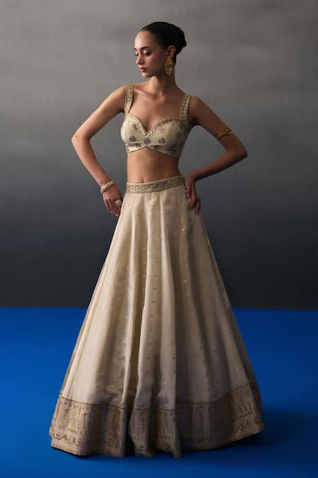 Shop_Angad Singh_Gold Silk Sequins, Embroidery Sweetheart Neck Banarasi Festive Lehenga Set _Online_at_Aza_Fashions