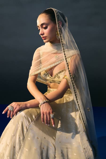 Buy_Angad Singh_Gold Silk Sequins, Embroidery Sweetheart Neck Banarasi Festive Lehenga Set 