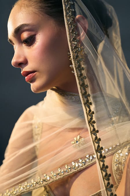 Shop_Angad Singh_Gold Silk Sequins, Embroidery Sweetheart Neck Banarasi Festive Lehenga Set 