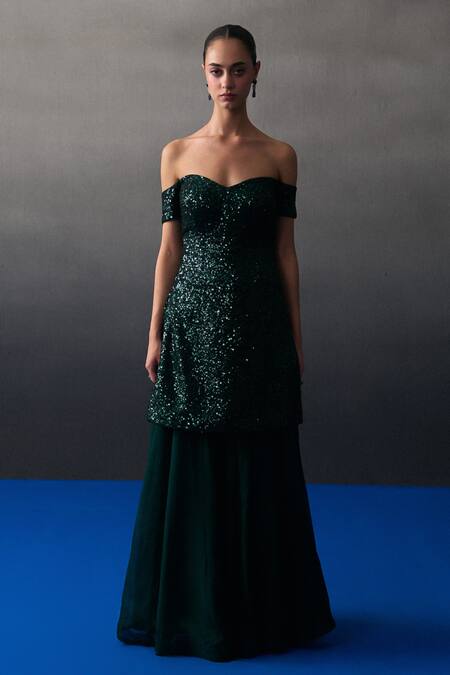 Shop_Angad Singh_Green Organza, Net Sequins Sweetheart Neck Sharara Set _Online_at_Aza_Fashions