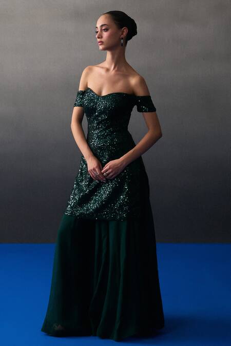 Angad Singh_Green Organza, Net Sequins Sweetheart Neck Sharara Set _at_Aza_Fashions