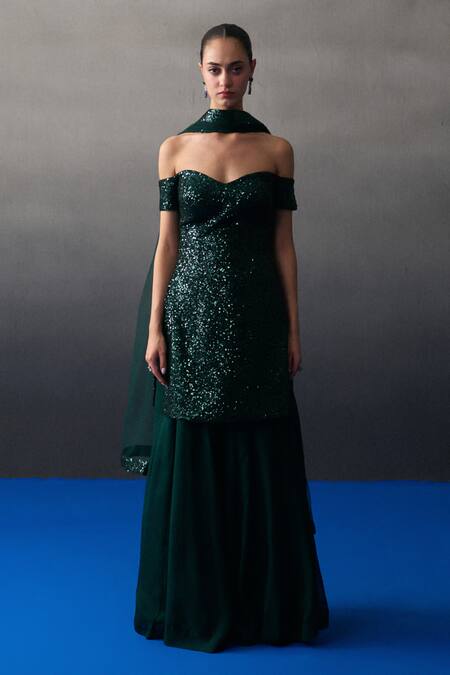 Shop_Angad Singh_Green Organza, Net Sequins Sweetheart Neck Sharara Set 