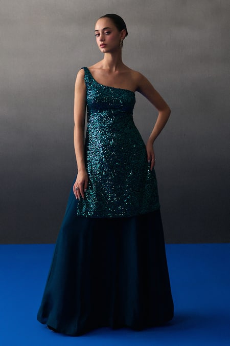 Angad Singh_Blue Organza, Net Sequins One Shoulder Peacock Sharara Set _Online_at_Aza_Fashions