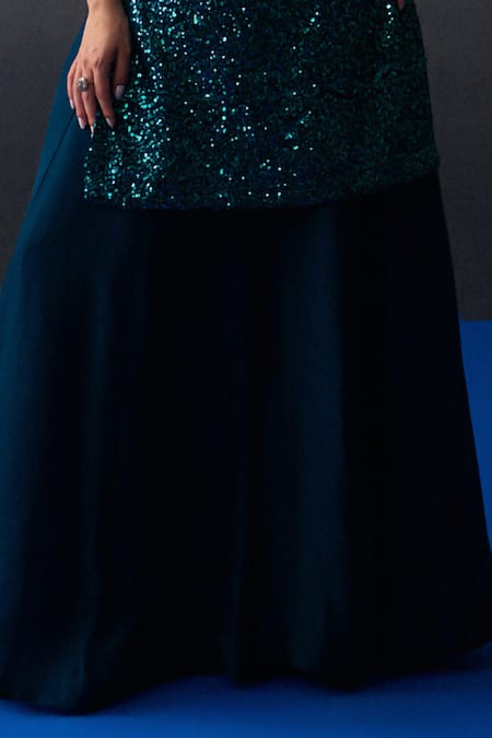 Buy_Angad Singh_Blue Organza, Net Sequins One Shoulder Peacock Sharara Set _Online_at_Aza_Fashions