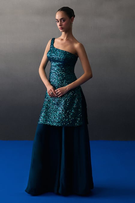 Shop_Angad Singh_Blue Organza, Net Sequins One Shoulder Peacock Sharara Set _Online_at_Aza_Fashions