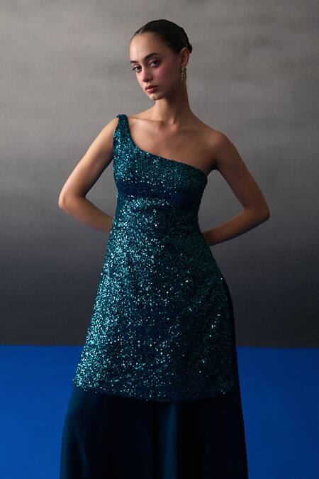 Angad Singh_Blue Organza, Net Sequins One Shoulder Peacock Sharara Set _at_Aza_Fashions