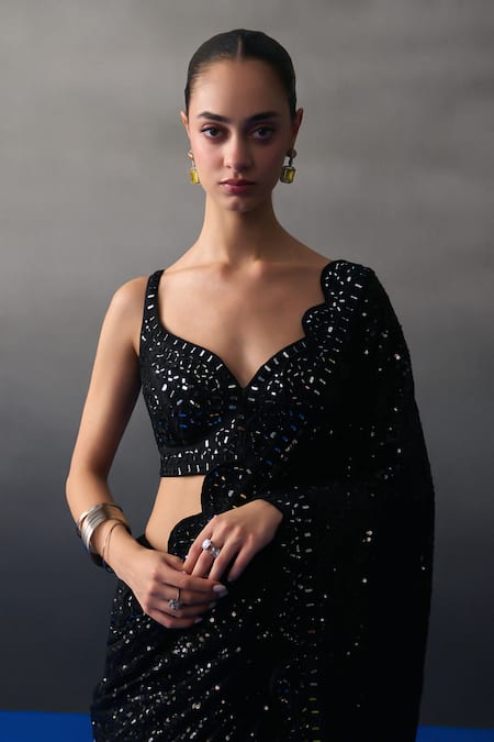 Angad Singh_Black Sequins Round Neck Saree Set _Online_at_Aza_Fashions