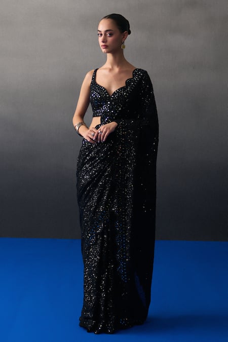 Buy_Angad Singh_Black Sequins Round Neck Saree Set _Online_at_Aza_Fashions