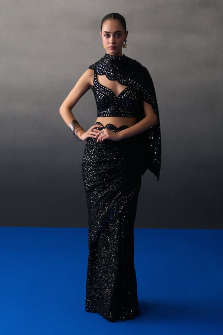 Shop_Angad Singh_Black Sequins Round Neck Saree Set _Online_at_Aza_Fashions