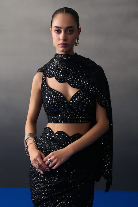 Angad Singh_Black Sequins Round Neck Saree Set _at_Aza_Fashions
