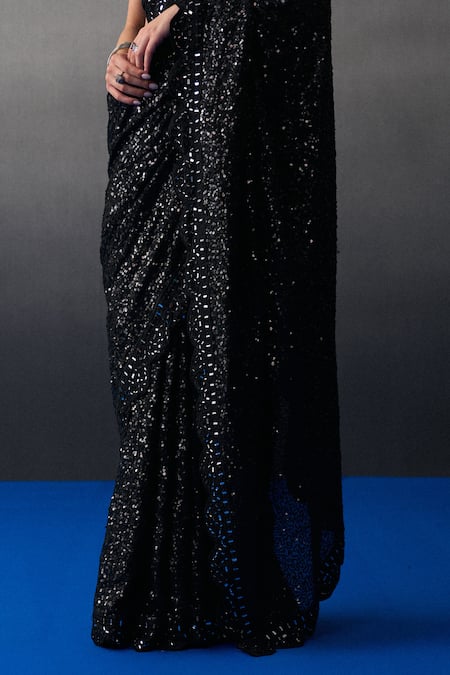 Buy_Angad Singh_Black Sequins Round Neck Saree Set 
