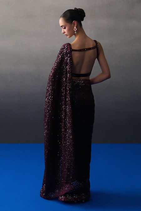 Angad Singh Crimson Sequins Saree Set 