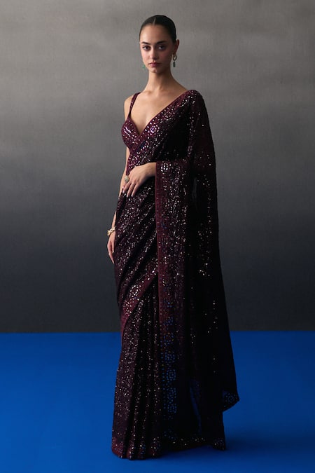 Buy_Angad Singh_Maroon Sequins V-neck Crimson Saree Set _Online_at_Aza_Fashions