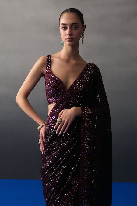 Shop_Angad Singh_Maroon Sequins V-neck Crimson Saree Set _Online_at_Aza_Fashions