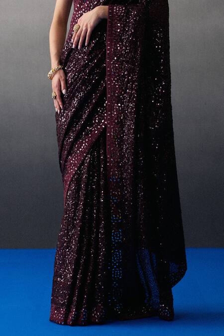 Angad Singh_Maroon Sequins V-neck Crimson Saree Set _at_Aza_Fashions