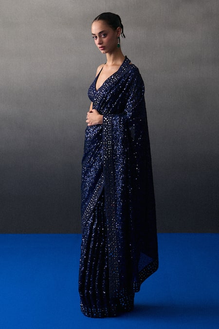 Angad Singh_Navy Sequins Halter Neck Midnight Blue Saree Set _Online_at_Aza_Fashions