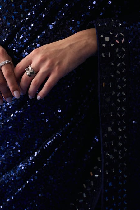 Buy_Angad Singh_Navy Sequins Halter Neck Midnight Blue Saree Set _Online_at_Aza_Fashions