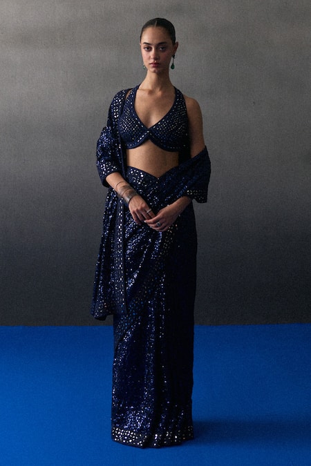 Shop_Angad Singh_Navy Sequins Halter Neck Midnight Blue Saree Set _Online_at_Aza_Fashions