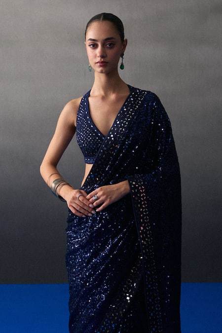 Angad Singh_Navy Sequins Halter Neck Midnight Blue Saree Set _at_Aza_Fashions