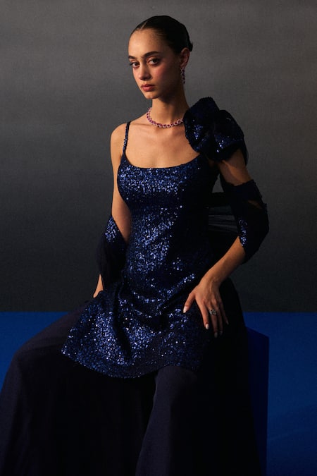 Shop_Angad Singh_Blue Sequins Round Neck Midnight Kurta Set _Online_at_Aza_Fashions