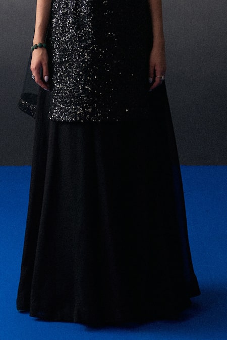 Angad Singh_Black Organza Sequins V-neck Sharara Kurta Set _Online_at_Aza_Fashions
