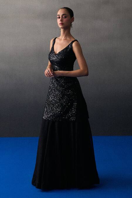 Shop_Angad Singh_Black Organza Sequins V-neck Sharara Kurta Set _Online_at_Aza_Fashions