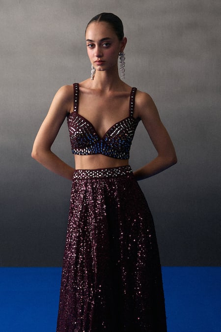 Angad Singh Red Sequins Round Neck Crimson Lehenga Set at Aza Fashions Angad Singh_Red Sequins Round Neck Crimson Lehenga Set _at_Aza_Fashions