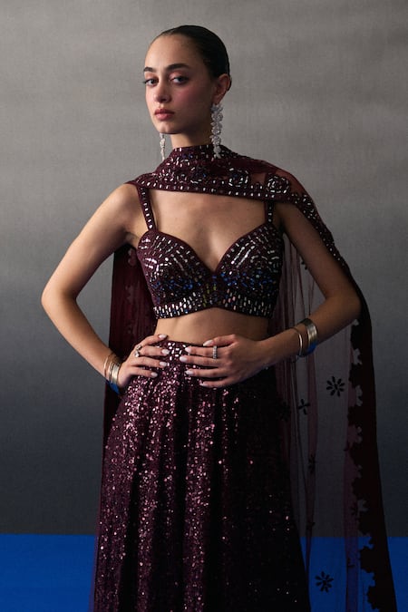 Buy Angad Singh Red Sequins Round Neck Crimson Lehenga Set Buy_Angad Singh_Red Sequins Round Neck Crimson Lehenga Set