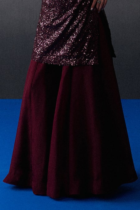 Angad Singh_Wine Organza, Net Sequins Sweetheart Neck Crimson Sharara Set _Online_at_Aza_Fashions