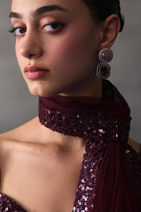 Buy_Angad Singh_Wine Organza, Net Sequins Sweetheart Neck Crimson Sharara Set _Online_at_Aza_Fashions