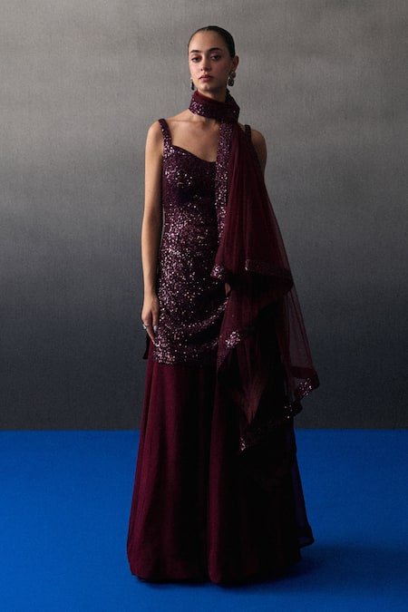 Angad Singh Wine Organza, Net Sequins Sweetheart Neck Crimson Sharara Set 