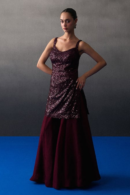 Shop_Angad Singh_Wine Organza, Net Sequins Sweetheart Neck Crimson Sharara Set _Online_at_Aza_Fashions