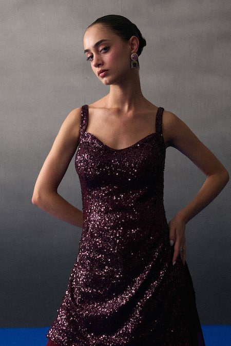 Angad Singh_Wine Organza, Net Sequins Sweetheart Neck Crimson Sharara Set _at_Aza_Fashions