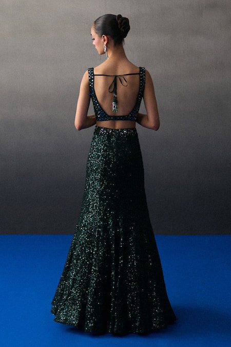 Angad Singh Green Sequins Georgette Lehenga Set 