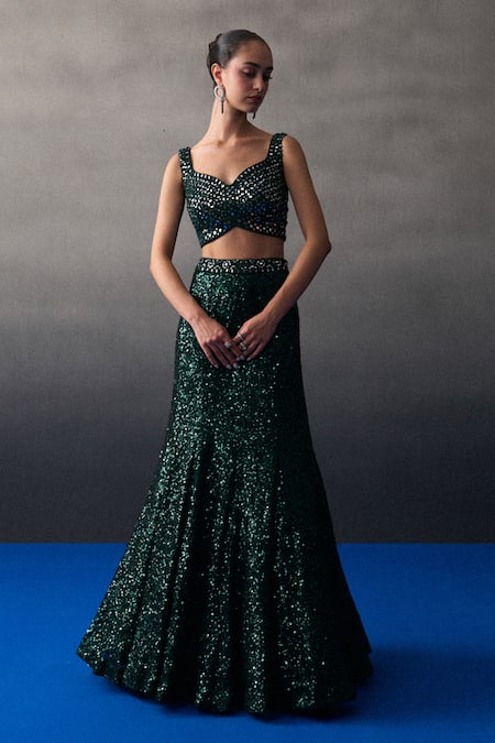 Shop_Angad Singh_Green Georgette Sequins Round Neck Lehenga Set _Online_at_Aza_Fashions