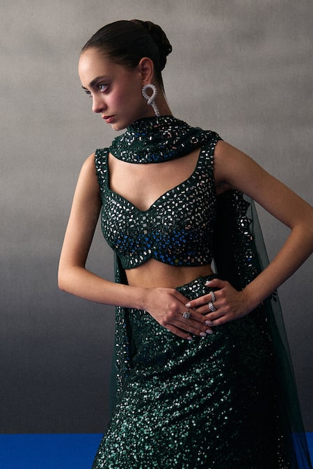 Angad Singh_Green Georgette Sequins Round Neck Lehenga Set _at_Aza_Fashions