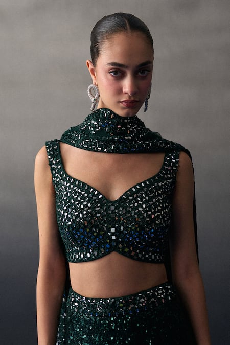 Buy_Angad Singh_Green Georgette Sequins Round Neck Lehenga Set 