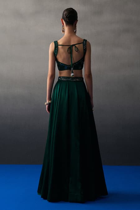 Angad Singh Emerald Green Satin Lehenga Set 