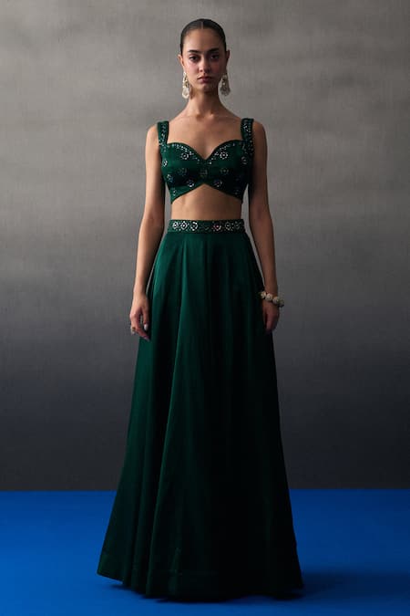 Buy Angad Singh Emerald Green Satin, Silk Sequins, Beads, Embroidery Round Neck Lehenga Set Online at Aza Fashions Buy_Angad Singh_Emerald Green Satin, Silk Sequins, Beads, Embroidery Round Neck Lehenga Set _Online_at_Aza_Fashions